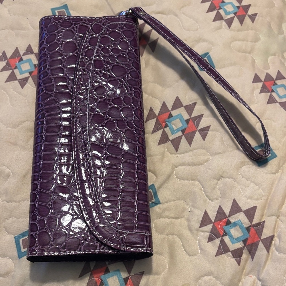 Purple Crocodile Embossed Wristlet Clutch